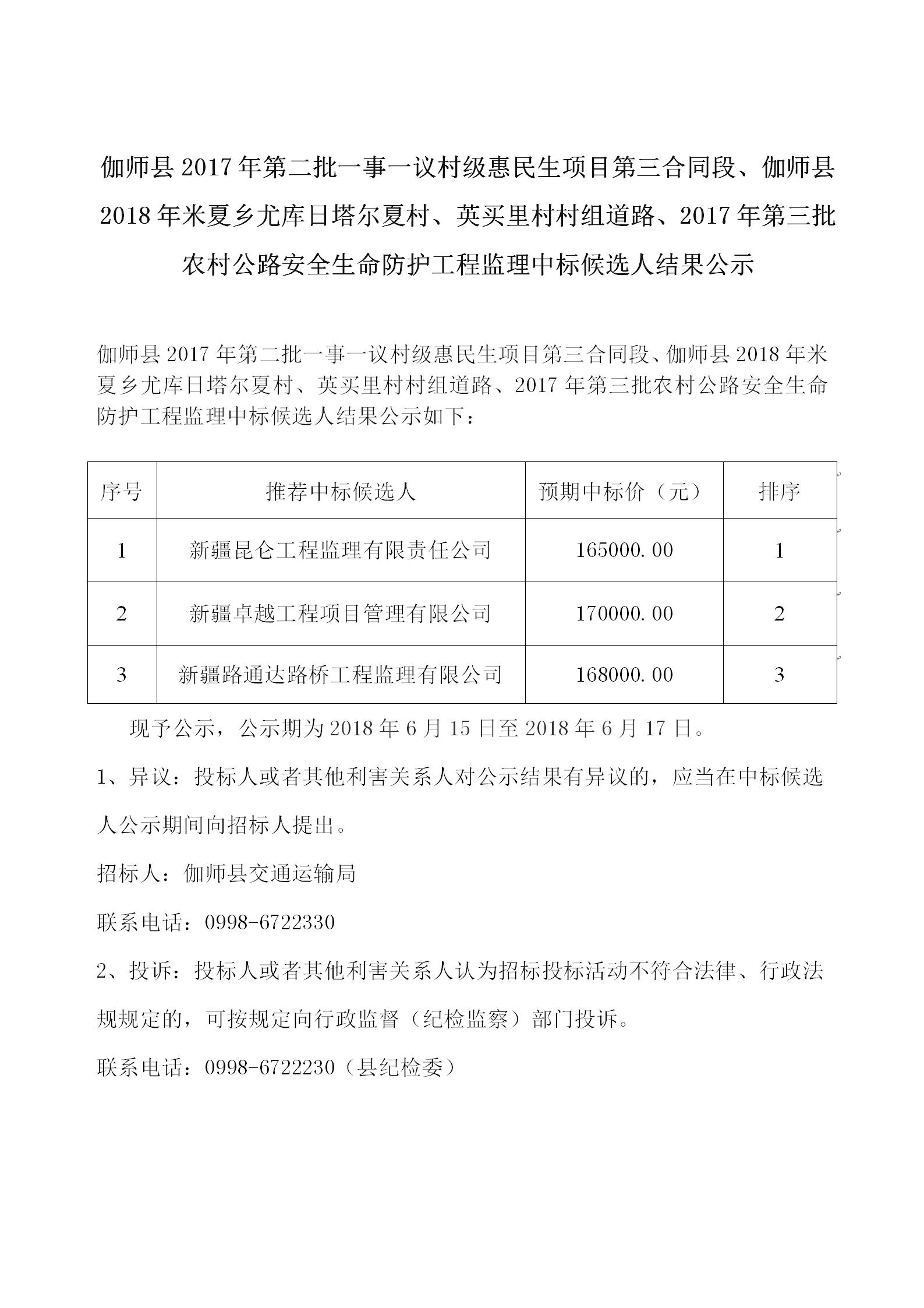 伽师县2017年第二批一事一议村级惠民生项目第三合同段、伽师县2018年米夏乡尤库日塔尔夏村、英买里村村组道路、2017年第三批农村公路安全生命防护工程监理中标候选人结果公示.jpg